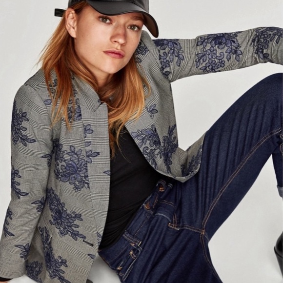 ZARA PLAID FLORAL EMBROIDERED BLAZER - Picture 2 of 11